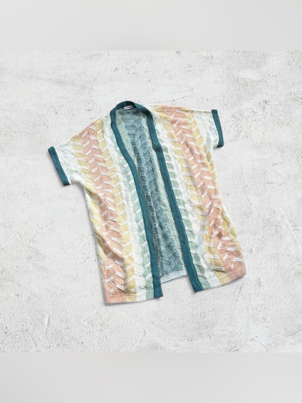 Short-Sleeve Multicolor Button-Down Cardigan with Teal Trim